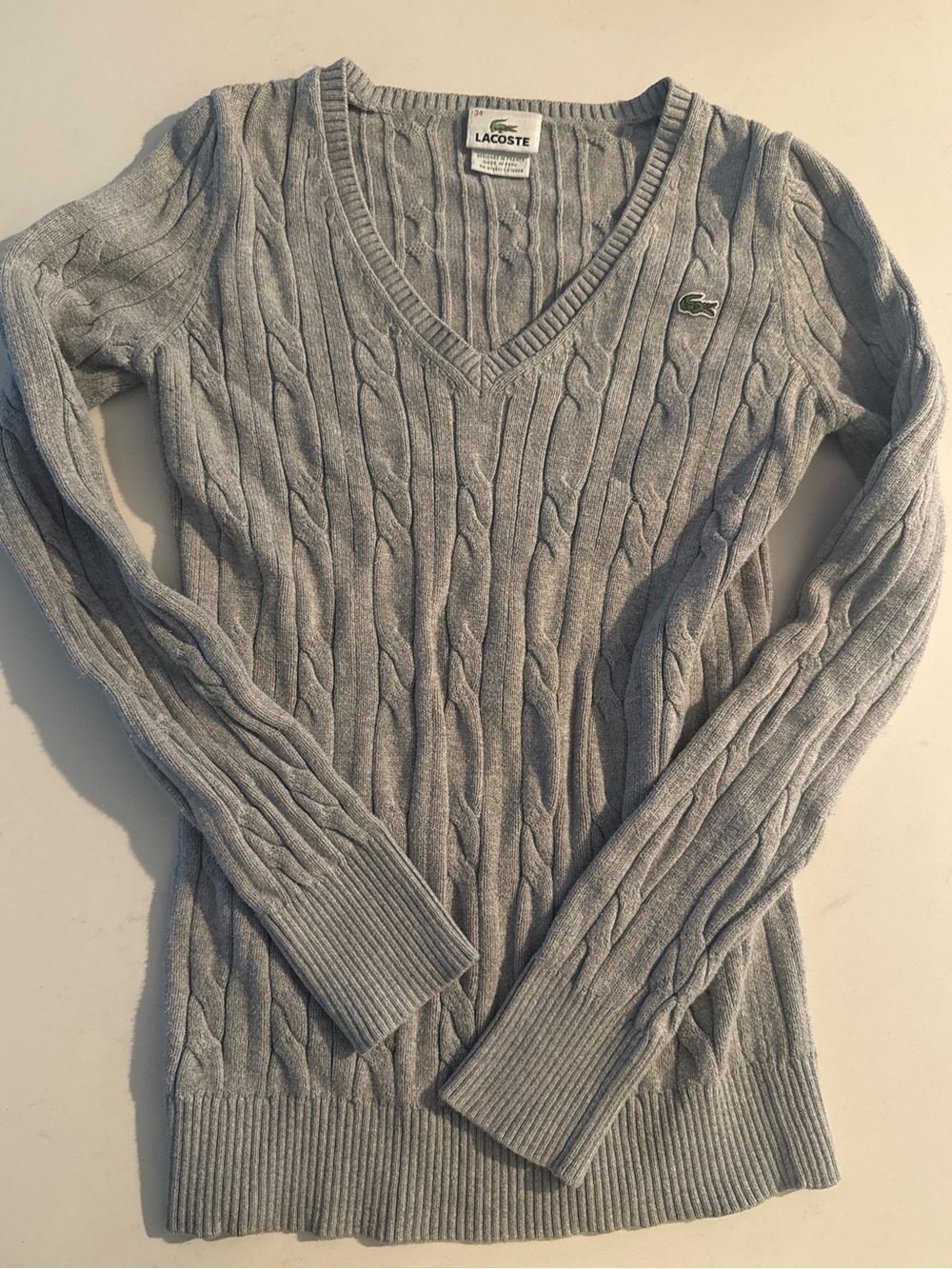 Lacoste Light Gray Cable-Knit V-Neck Sweater